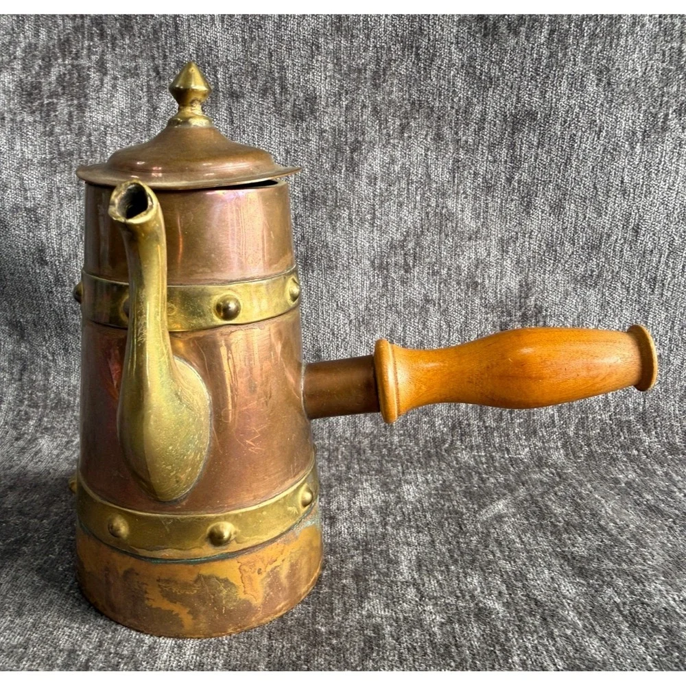 Vintage Handcrafted Mexican Copper Brass Coffee Pot Pitcher Wood Handle 7.5